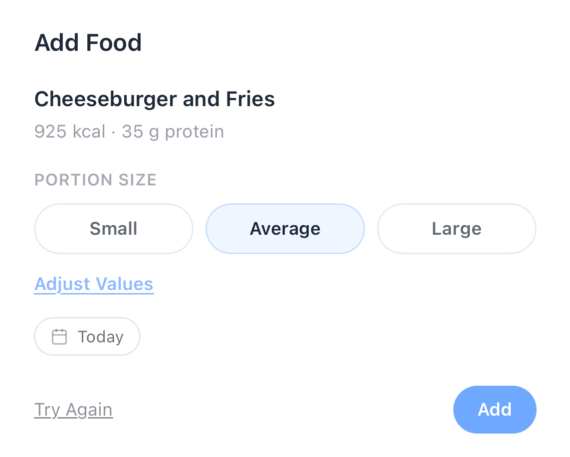 A logged cheeseburger and fries, with portion size