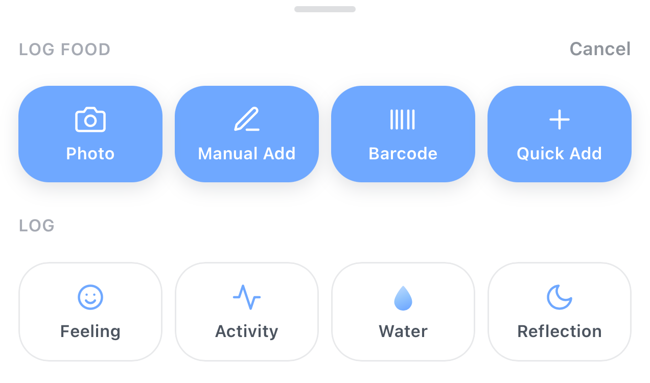 Log food by photo, manual add, barcode or quick add